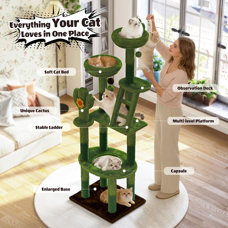 Streamdale Furniture 72in Cactus Cat Tree With Transparent Capsule, Scratching Posts And Perches