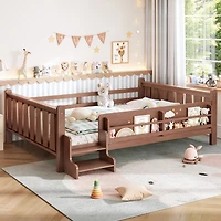 Streamdale Furniture Queen Size Solid Wood Floor Bed with Storage Bookcases and Stairs