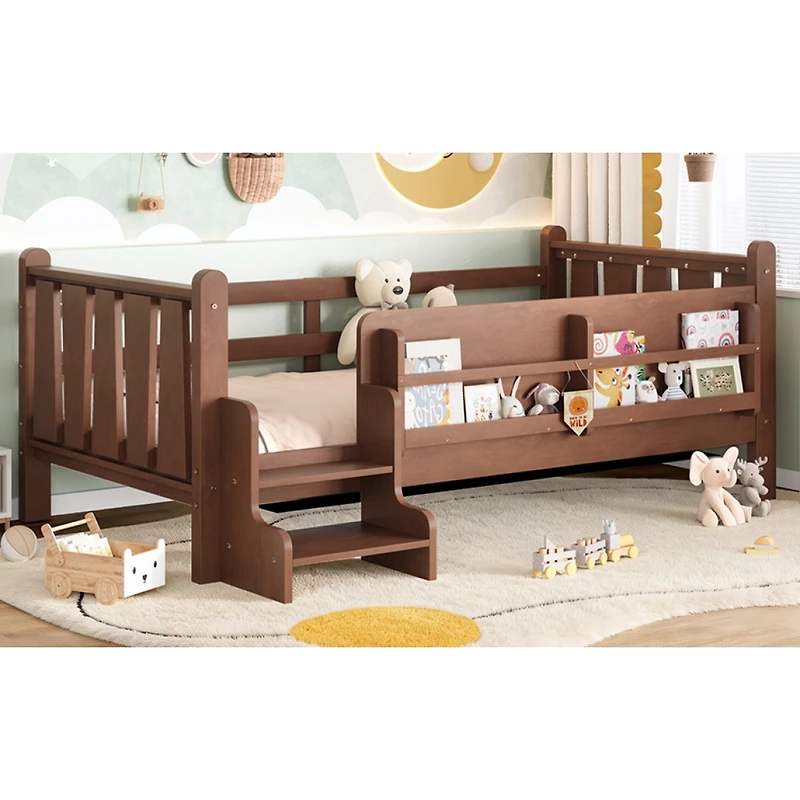 Streamdale Furniture Twin Size Solid Wood Floor Bed with Storage Bookcases and Stairs