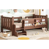 Streamdale Furniture Twin Size Solid Wood Floor Bed with Storage Bookcases and Stairs
