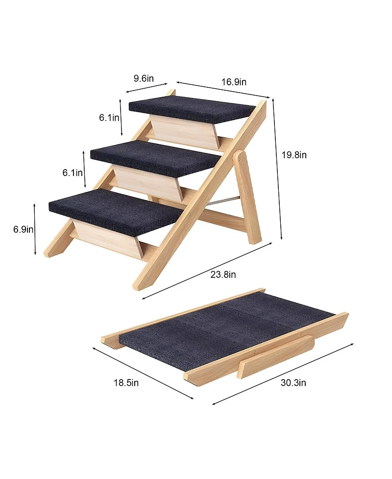 Streamdale Furniture 2-In-1 Foldable Wooden Pet Stairs And Ramp for Dogs And Cats, 3 Steps