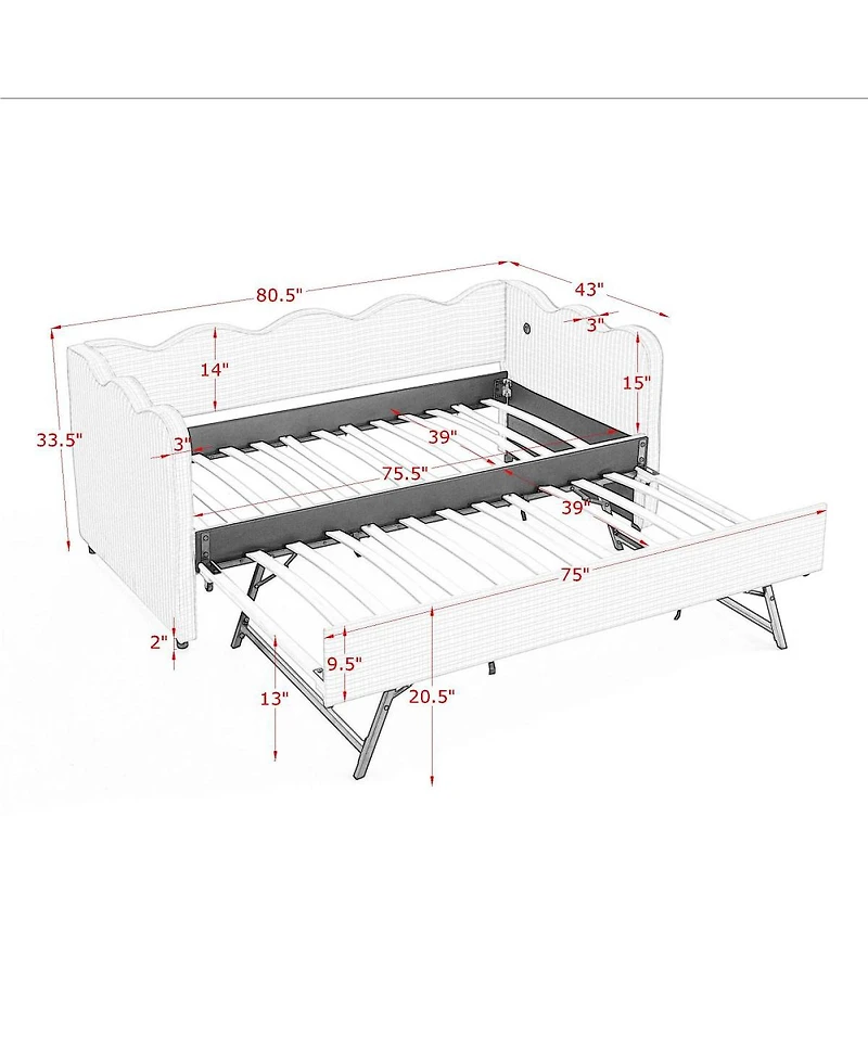 Streamdale Furniture Cozy Gingham Twin Daybed With Trundle, Usb Port, And Wave-Shaped Backrest