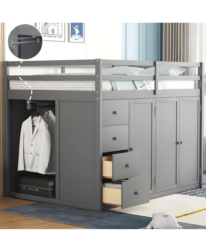 Streamdale Furniture Full Size Wood Loft Bed With Built-in Wardrobes, Cabinets and Drawers