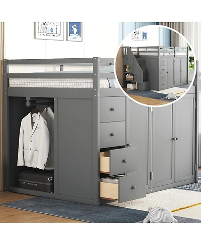 Streamdale Furniture Full Size Wood Loft Bed With Built-in Wardrobes, Cabinets and Drawers