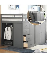 Streamdale Furniture Full Size Wood Loft Bed With Built-in Wardrobes, Cabinets and Drawers