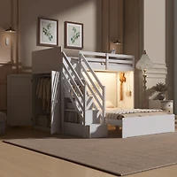 Streamdale Furniture Twin over Full Bunk Bed with Storage Stairs, Wardrobe,Usb