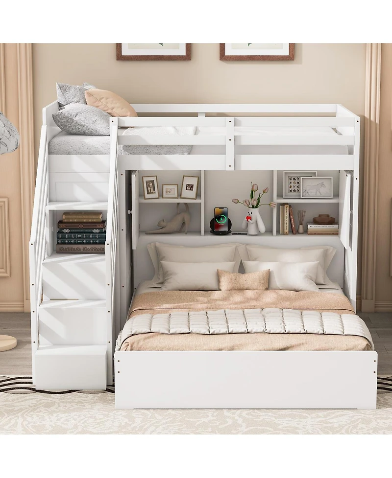 Streamdale Furniture Twin over Full Bunk Bed with Storage Stairs, Wardrobe,Usb