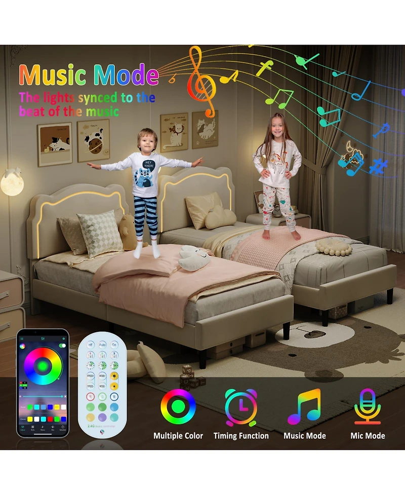 homfan Kids Upholstered Platform Bed with Bear-Shaped Adjustable Headboard and Rgb Led Lights, App/Remote Control, No Box Spring Needed