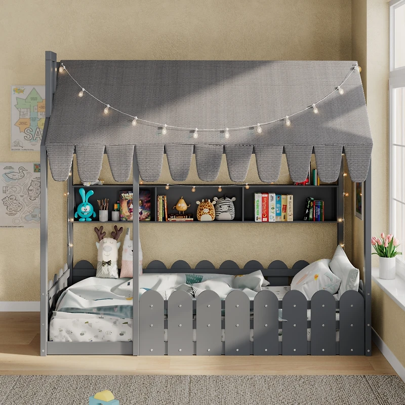 Streamdale Furniture Twin Montessori House Bed with Fence, Storage and Lights
