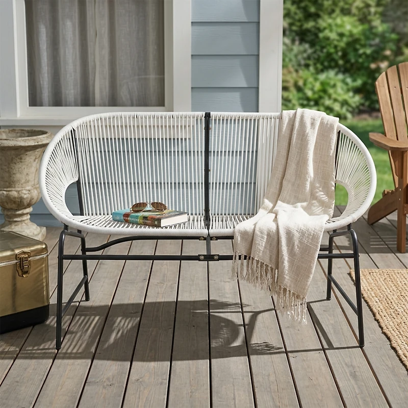 Streamdale Furniture Modern 2-Seater White Pe Rattan Loveseat with Black Iron Frame