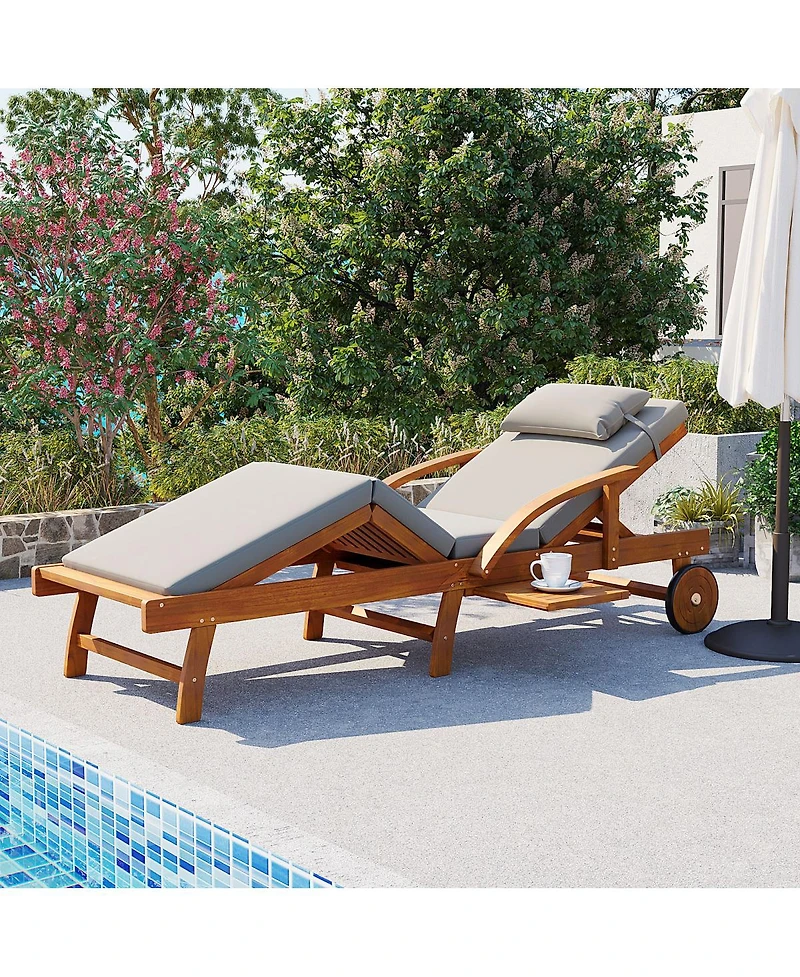 Streamdale Furniture 77.5" Adjustable Acacia Wood Outdoor Lounge Chair with Cushions and Side Tray