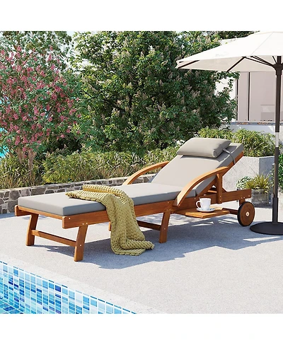 Streamdale Furniture 77.5" Adjustable Acacia Wood Outdoor Lounge Chair with Cushions and Side Tray