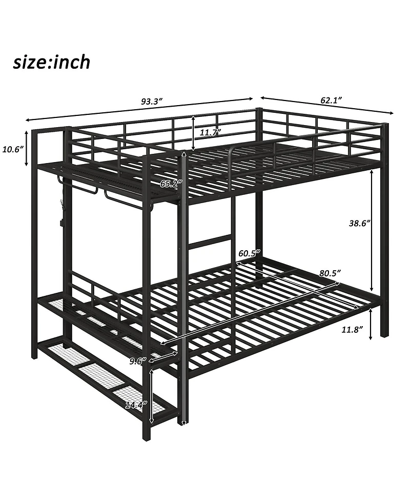 Streamdale Furniture Queen Size Metal Bunk Bed With Storage Shelves, Hooks, And Led Lights
