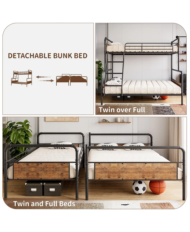 homfan Modern Metal Bunk Bed Frame with Guardrails and Secure Ladder, Convertible Split Design, Under-Bed Storage Clearance, Industrial Style
