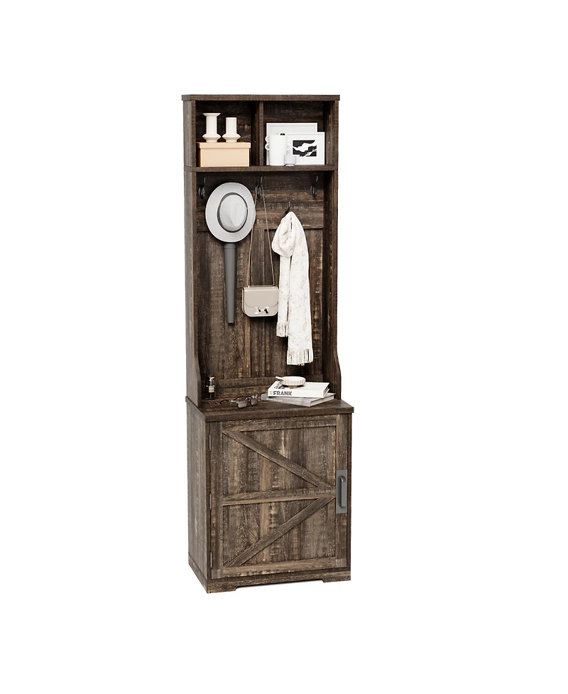 homfan Farmhouse 3-in-1 Hall Tree with Coat Hooks, Shoe Bench, Cubby Storage and Barn Door Cabinet, Space-Saving Entryway Organizer, Easy Assembly