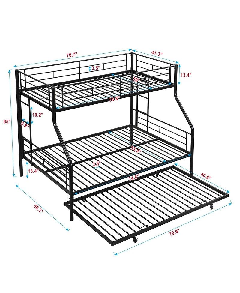 Streamdale Furniture Twin Over Full With trundle Metal Bunk Bed , No Box Spring Needed, Easy Assemble