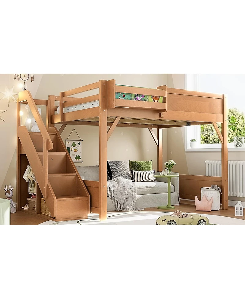 Streamdale Furniture Full Size Solid Wood Loft Bed with Wardrobe, Storage, and Stairs