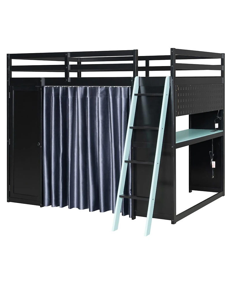 Streamdale Furniture Full Size Wood Loft Bed with Wardrobe, Shelves, Curtains and Lights