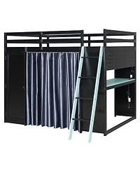 Streamdale Furniture Full Size Wood Loft Bed with Wardrobe, Shelves, Curtains and Lights