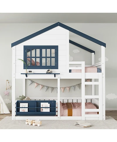 Streamdale Furniture Full Size House Bunk Bed with Bookshelf and Safety Fencing