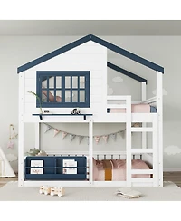 Streamdale Furniture Full Size House Bunk Bed with Bookshelf and Safety Fencing