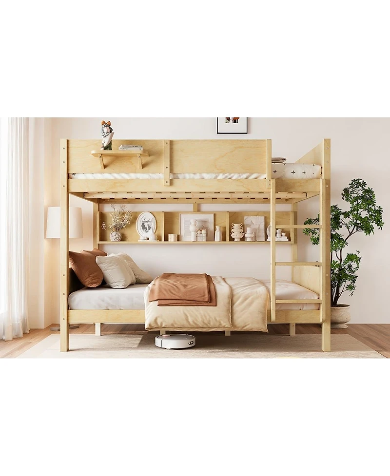 Streamdale Furniture Queen over Queen Solid Wood Bunk Bed with Storage Shelves