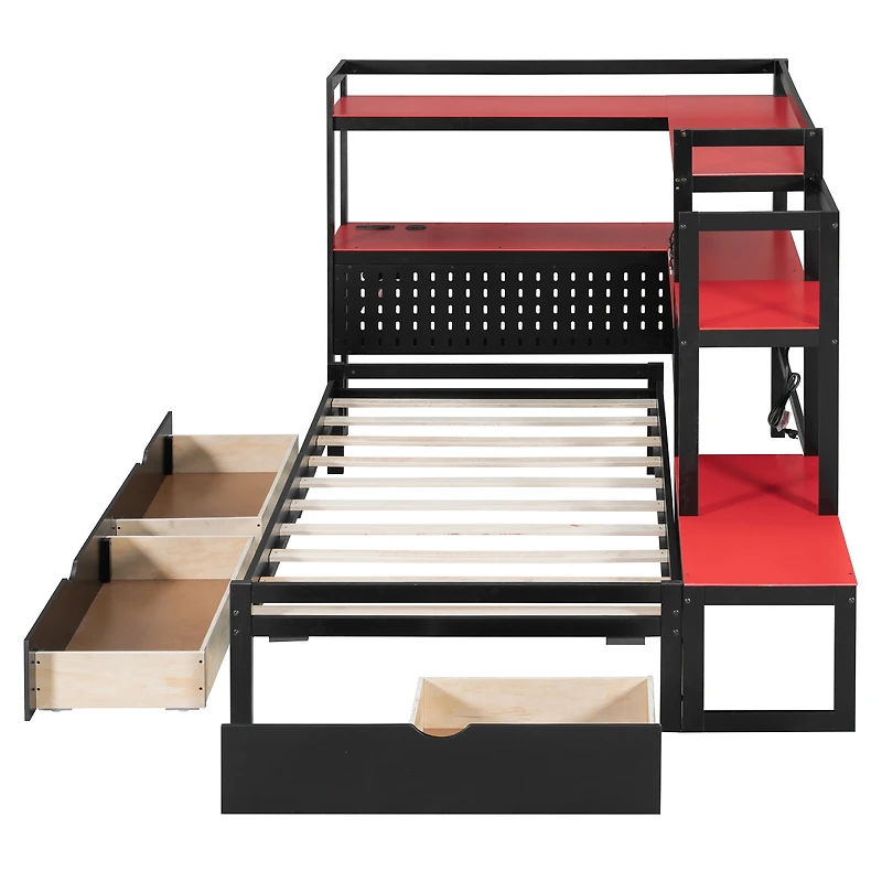 Streamdale Furniture Twin Gaming Daybed with Desk, Led Lights, 3 Drawers and Charging Station