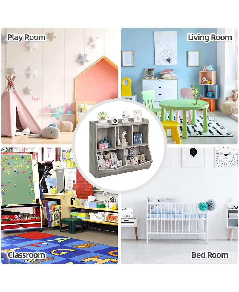 homfan Kids Toy and Book Storage Organizer with Open Compartments and Tiltable Bins, Two-Tier Bookshelf with Anti-Tip Safety, Easy Assembly