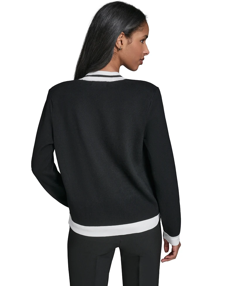 Karl Lagerfeld Paris Petite Open-Front Long-Sleeve Knit Cardigan with Contrast Trim