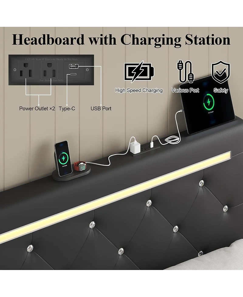 Streamdale Furniture Bed Frame with Led Lights, 4 Storage Drawers and Charging Station