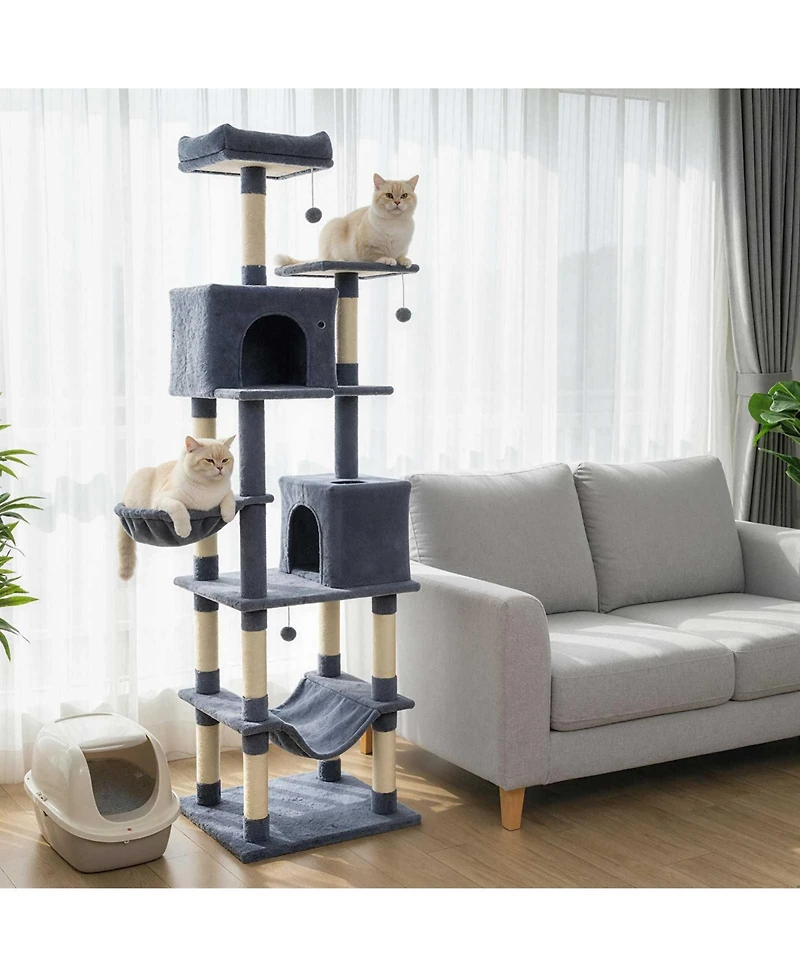 Gymax Tall Cat Tree 2 Condos Sisal Scratching Posts Plush Perch Hammock Basket