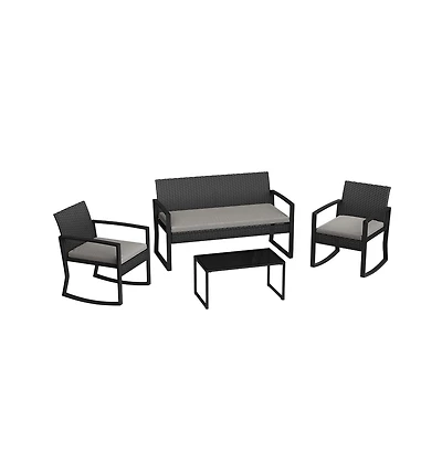 homfan 4 Piece Patio Furniture Set, Pe Rattan Outdoor Rocking Chair Conversation Set with Coffee Table, Wicker Table and Chairs