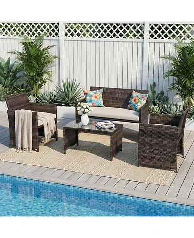 homfan -4-Piece Patio Bar Set - All-Weather Rattan Outdoor Conversation Furniture Cushioned Chairs and Table Perfect for Garden, or Porch
