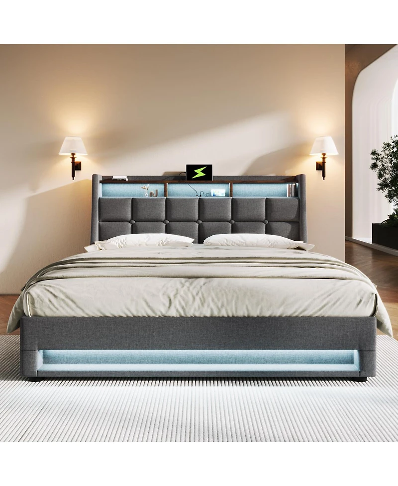 Streamdale Furniture Upholstered Platform Bed with Hydraulic Storage, Led and Charging Station