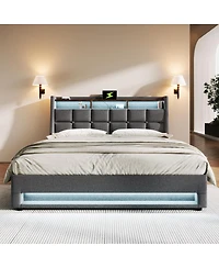 Streamdale Furniture Upholstered Platform Bed with Hydraulic Storage, Led and Charging Station