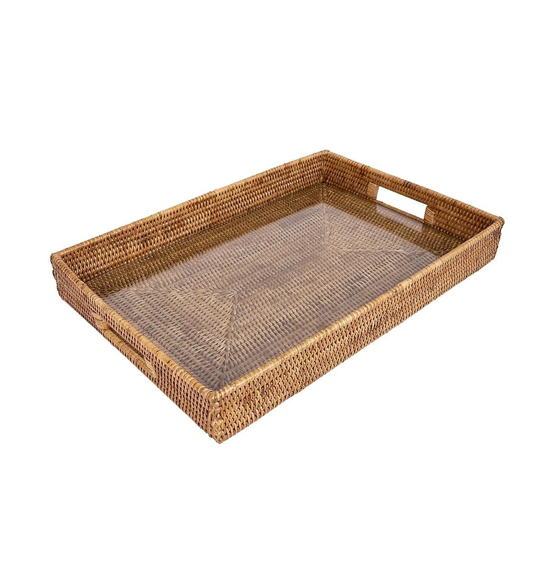 Artifacts Trading Company Rectangular Rattan Tray with Cutout Handles and Glass Insert