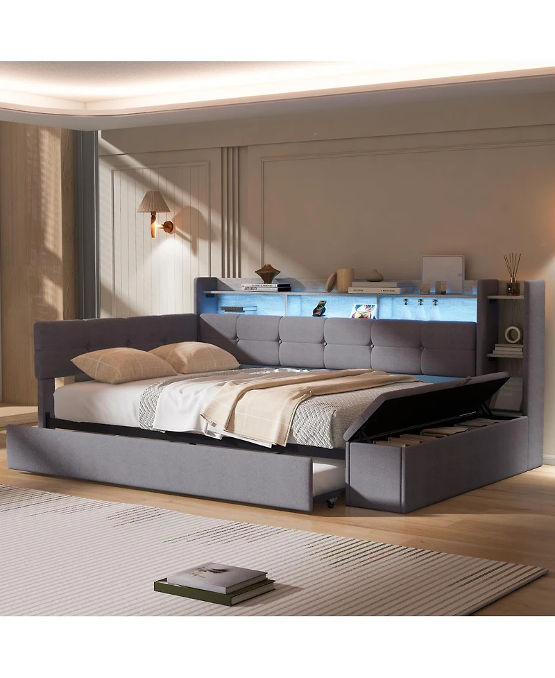 Streamdale Furniture Twin Upholstery Daybed with Trundle, Storage, Usb and Led Light