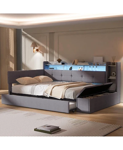 Streamdale Furniture Twin Upholstery Daybed with Trundle, Storage, Usb and Led Light