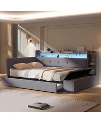 Streamdale Furniture Twin Upholstery Daybed with Trundle, Storage, Usb and Led Light