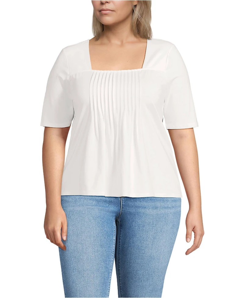 Lands' End Plus Elbow Sleeve Lightweight Jersey Pintuck Square Neck Top