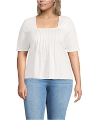 Lands' End Plus Elbow Sleeve Lightweight Jersey Pintuck Square Neck Top