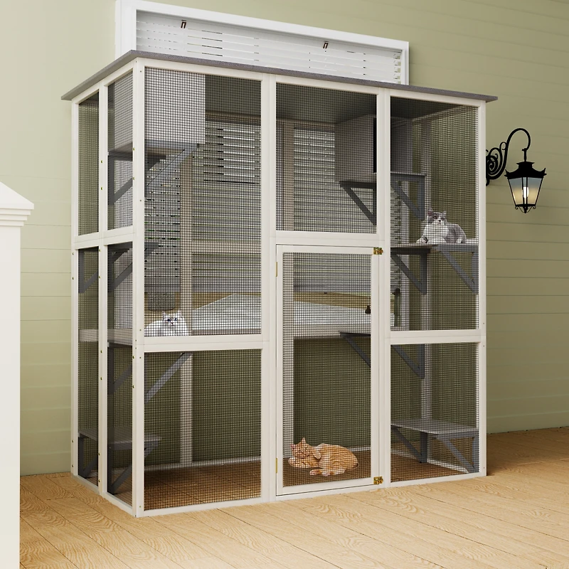 Streamdale Furniture Large Wooden Outdoor Catio with Asphalt Roof, 6 Platforms and 2 Napping Boxes