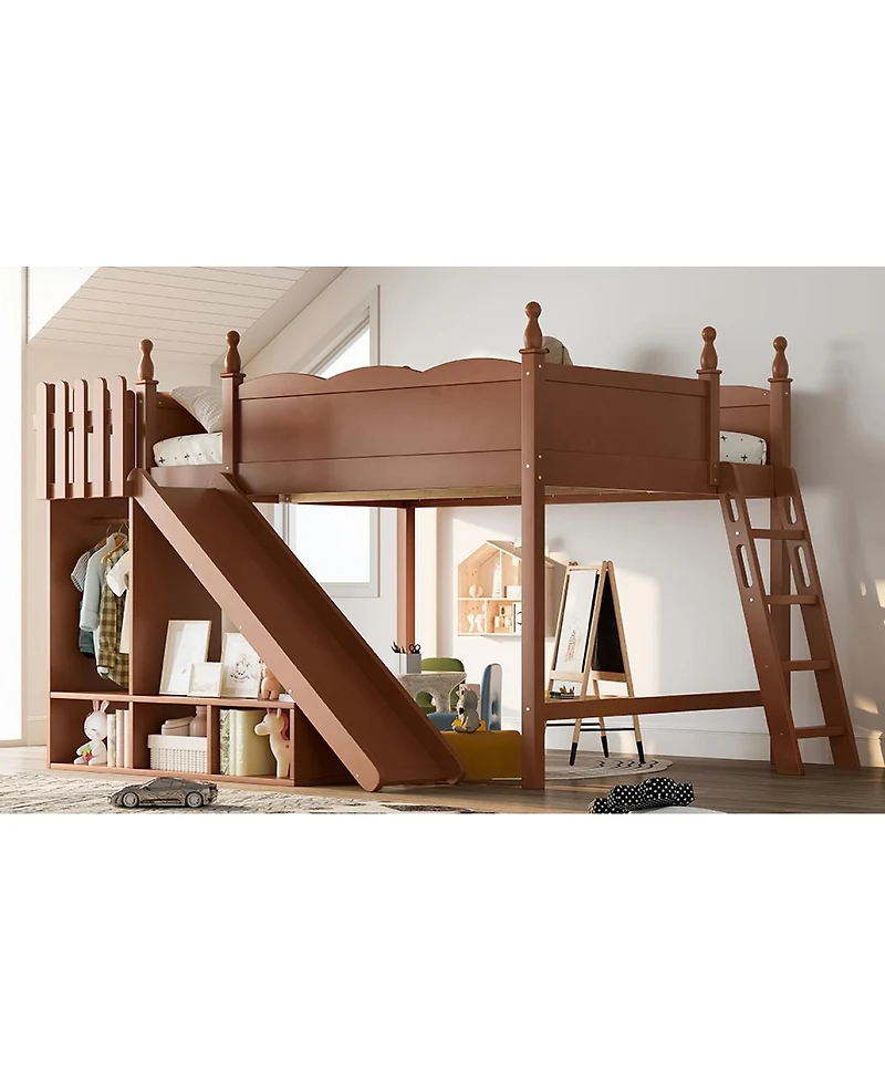 Streamdale Furniture Queen Solid Wood Loft Bed with Storage, Wardrobe, and Slide