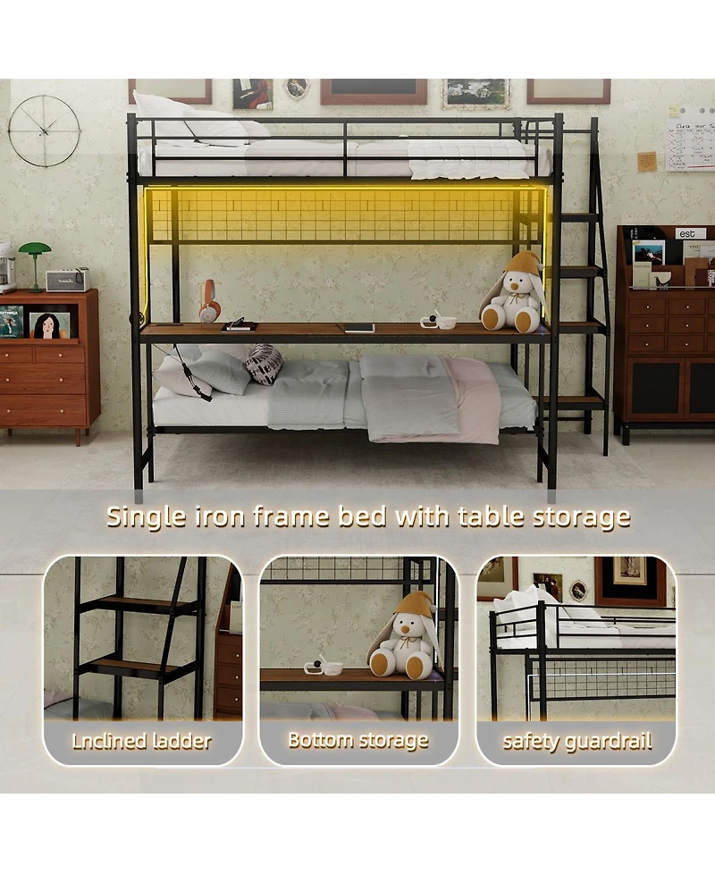 Streamdale Furniture Metal Bunk Bed with Desk and Led Lights