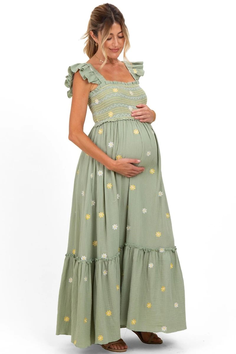 Pinkblush Women's Peach Floral Embroidered Smocked Maxi Dress