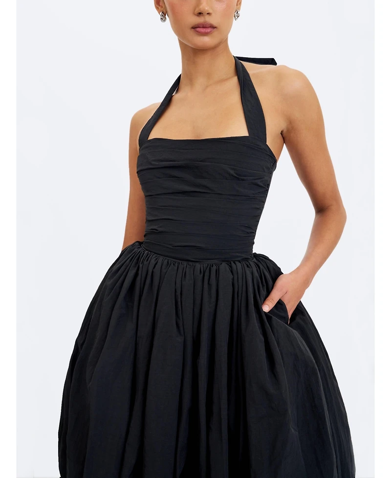 Miss Circle Women's Veradis Black Taffeta Halter Bubble-Hem Midi Dress