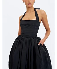 Miss Circle Women's Veradis Black Taffeta Halter Bubble-Hem Midi Dress