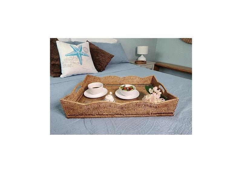 Artifacts Trading Company Rattan Scallop Rectangular Tray with Glass Insert