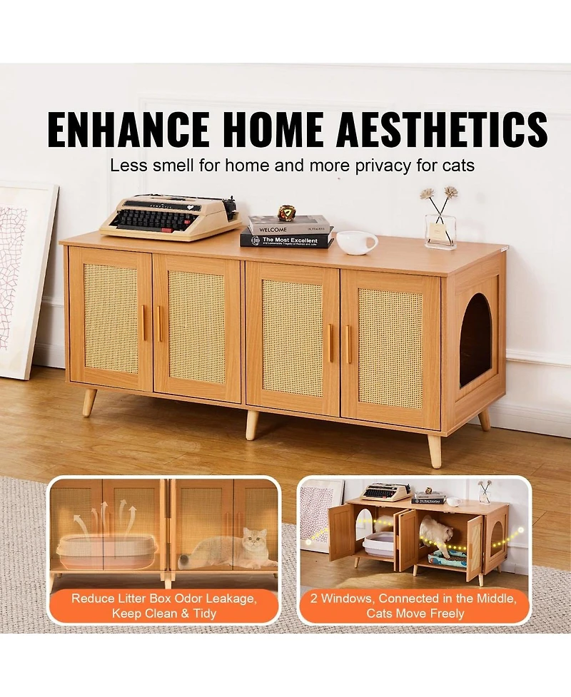 6thdruple Cat Litter Box Enclosure, Natural Wooden Furniture Cabinet with Rattan Doors, Hidden for 2 Cats