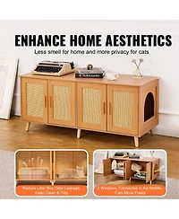 6thdruple Cat Litter Box Enclosure, Natural Wooden Furniture Cabinet with Rattan Doors, Hidden for 2 Cats